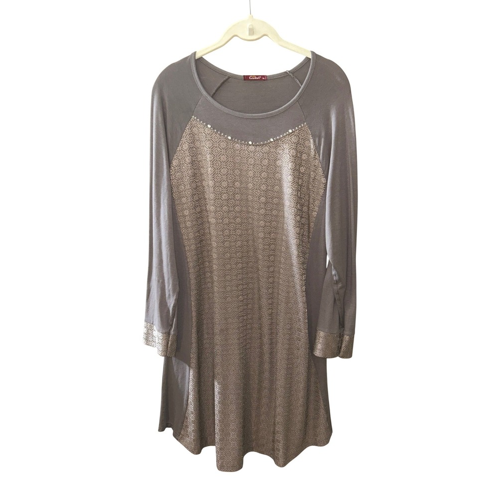 Taupe Gray Geometric Pattern Tunic Dress Rhinestone Accents by Canturk XL